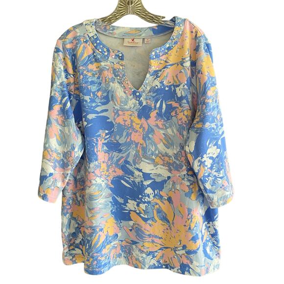 QUACKER FACTORY 1X Top Split Neck Rhinestones Abstract Artsy 3/4 Sleeves Blue - Picture 1 of 7